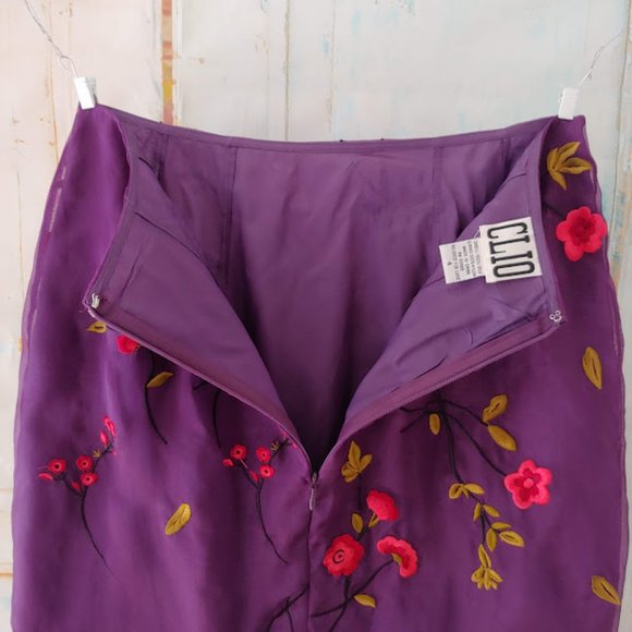 CLIO 100% silk floral embroidery sheer shell zipper w dart waist/4/plum & pink - Picture 4 of 5